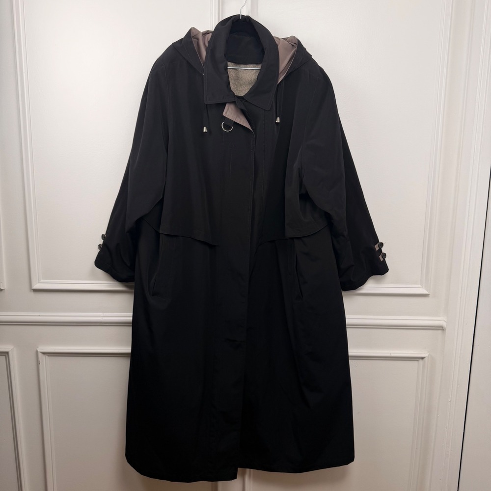 Maggie Barnes Black Long Trench Coat Detachable Hood Zip Out Liner Plus Size 3X